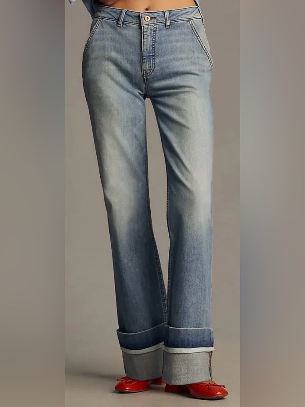 Pilcro Anthropologie The Francais Mid-Rise Cuffed Jeans Light Wash Wide Leg Cuff